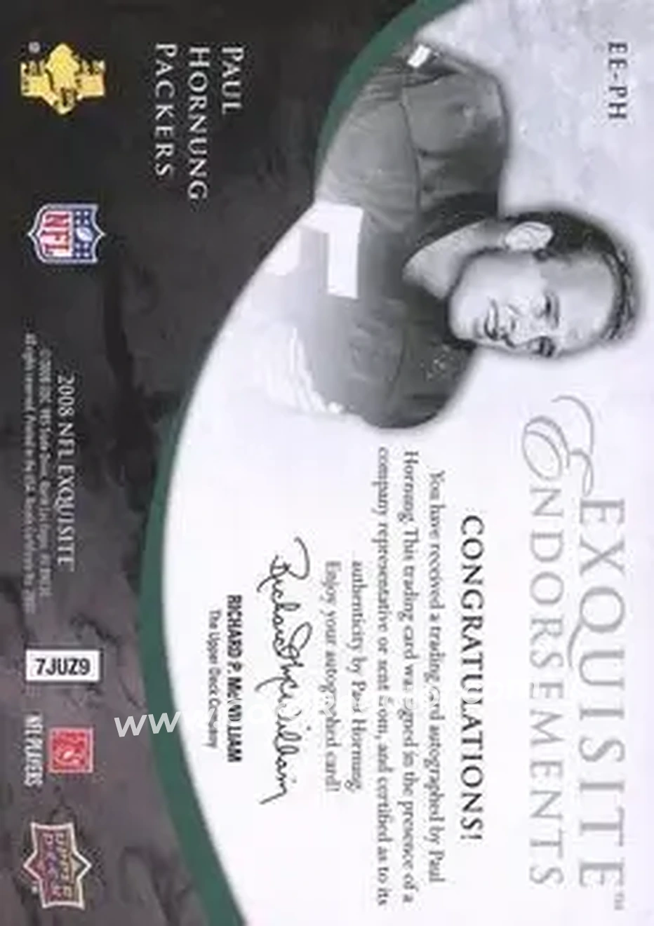 2008 Upper Deck Exquisite Collection - Endorsements #EE-PH - Paul Hornung - Green Bay Packers - Back 2008 Upper Deck Exquisite Collection - Endorsements #EE-PH - Paul Hornung - Green Bay Packers - Back