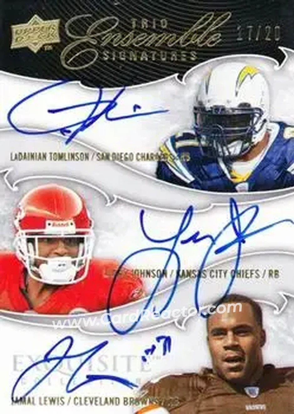 2008 Upper Deck Exquisite Collection - Ensemble 3 Signatures #EE3S-JTL - LaDainian Tomlinson - Larry Johnson - Jamal Lewis AU, SN20 - San Diego Chargers - Kansas City Chiefs - Cleveland Browns - Front