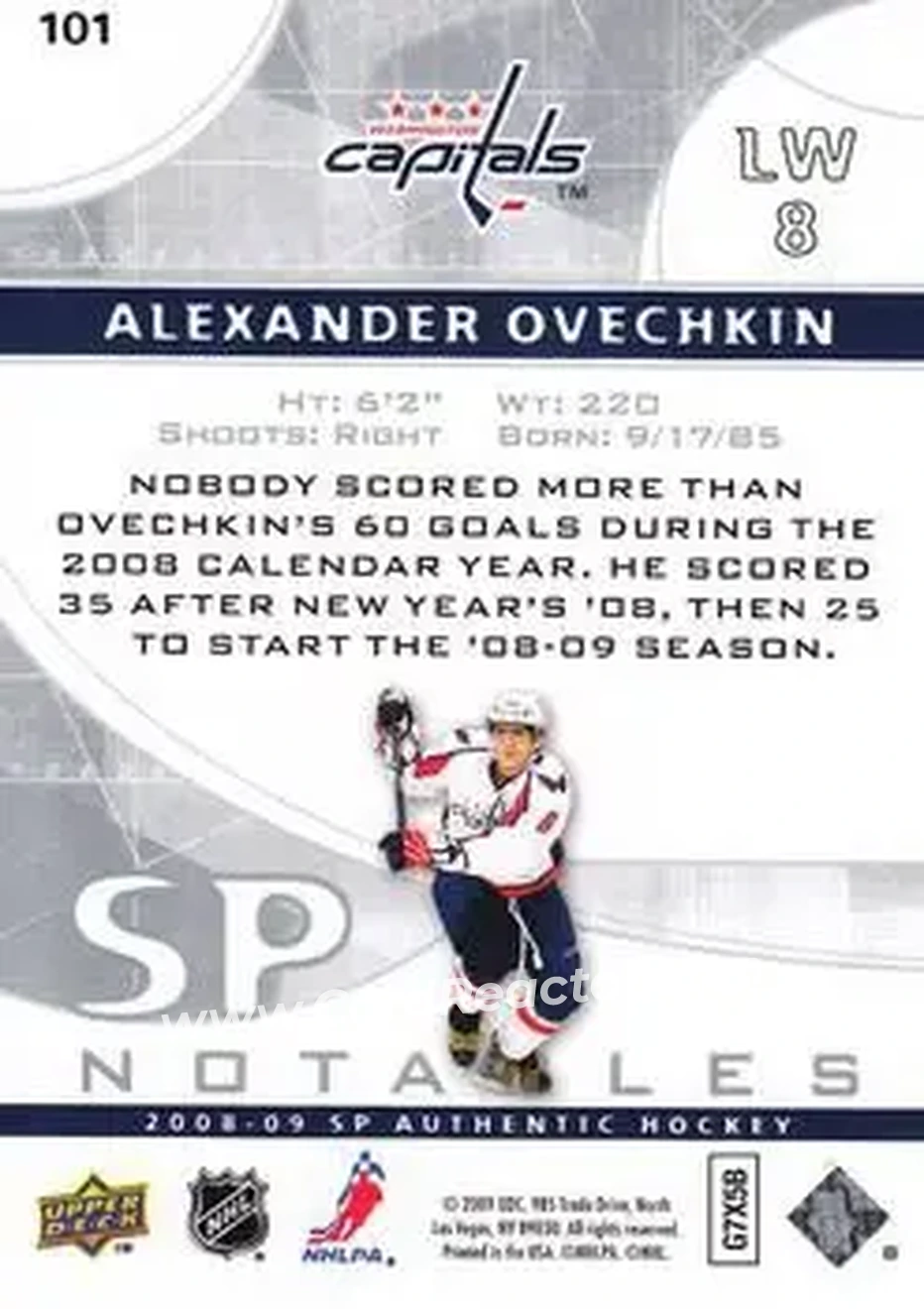 2008-09 SP Authentic #101 - Alex Ovechkin - Washington Capitals - Back