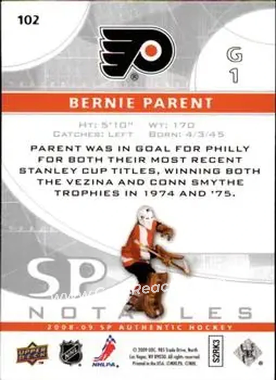 2008-09 SP Authentic #102 - Bernie Parent - Philadelphia Flyers - Back 2008-09 SP Authentic #102 - Bernie Parent - Philadelphia Flyers - Back