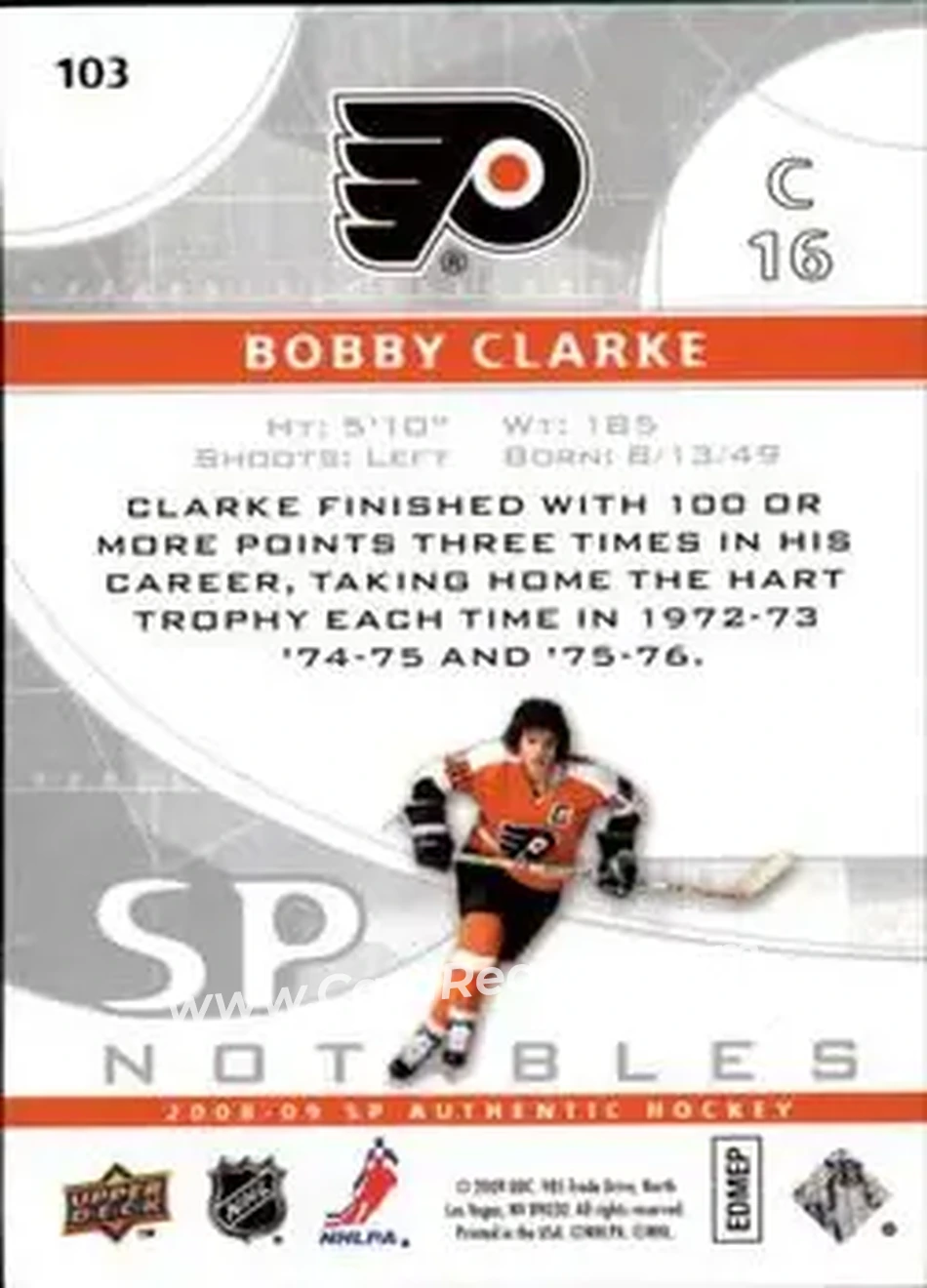 2008-09 SP Authentic #103 - Bob Clarke - Philadelphia Flyers - Back 2008-09 SP Authentic #103 - Bob Clarke - Philadelphia Flyers - Back