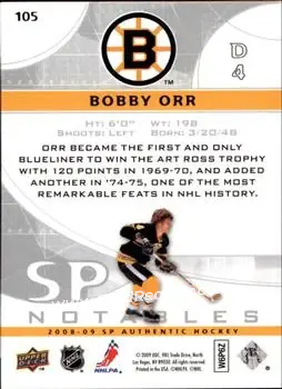 2008-09 SP Authentic #105 - Bobby Orr - Boston Bruins - Back 2008-09 SP Authentic #105 - Bobby Orr - Boston Bruins - Back