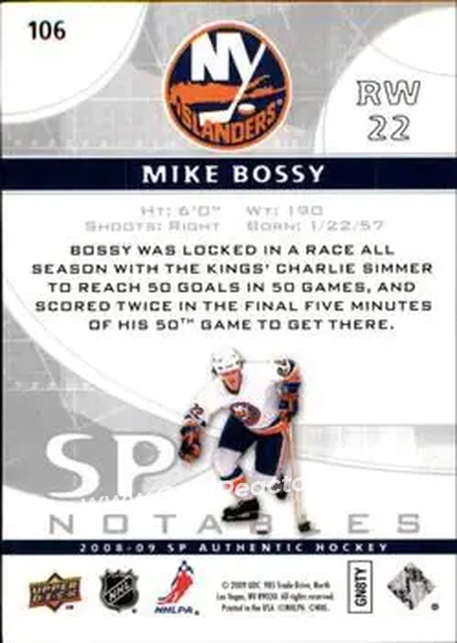 2008-09 SP Authentic #106 - Mike Bossy - New York Islanders - Back