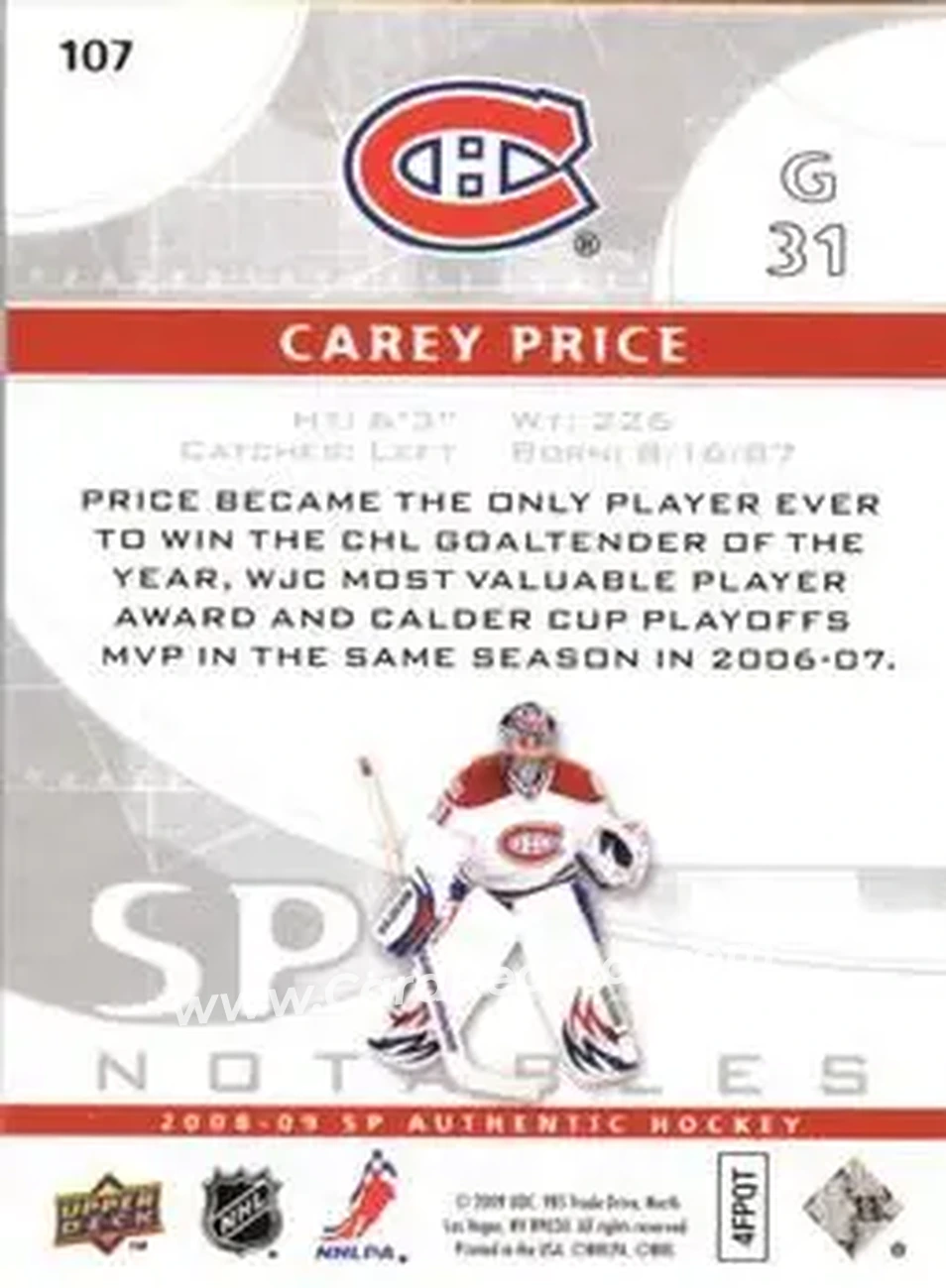 2008-09 SP Authentic #107 - Carey Price - Montreal Canadiens - Back