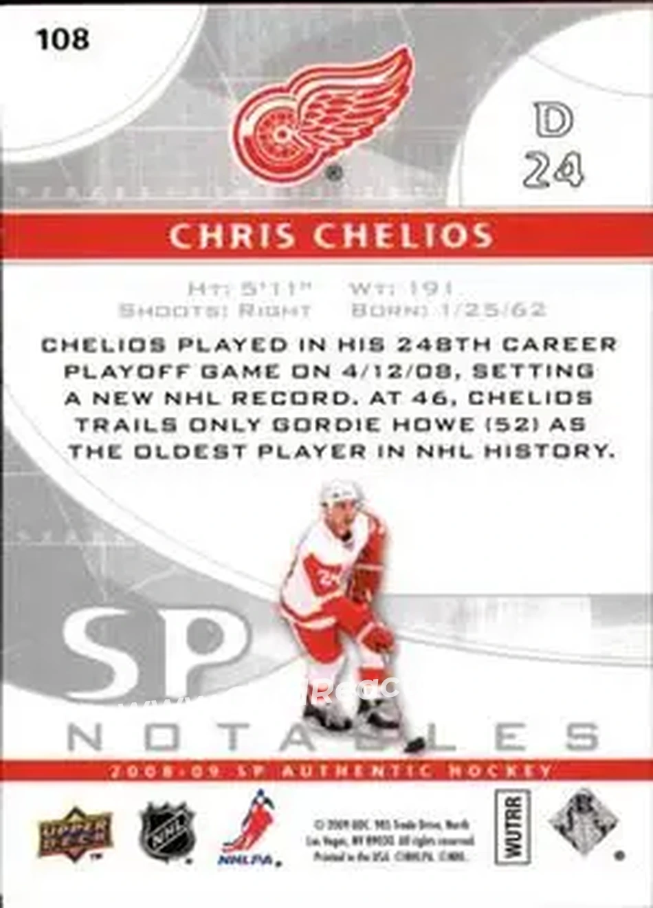 2008-09 SP Authentic #108 - Chris Chelios - Detroit Red Wings - Back