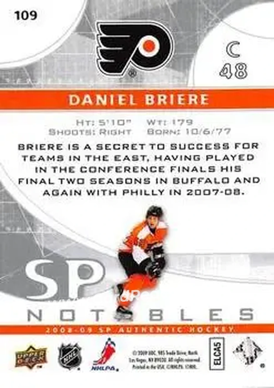 2008-09 SP Authentic #109 - Daniel Briere - Philadelphia Flyers - Back