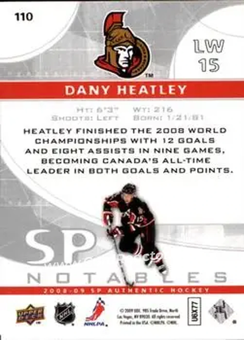 2008-09 SP Authentic #110 - Dany Heatley - Ottawa Senators - Back