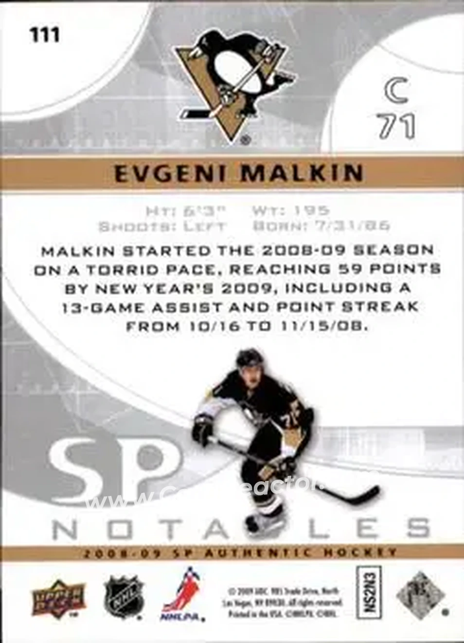 2008-09 SP Authentic #111 - Evgeni Malkin - Pittsburgh Penguins - Back