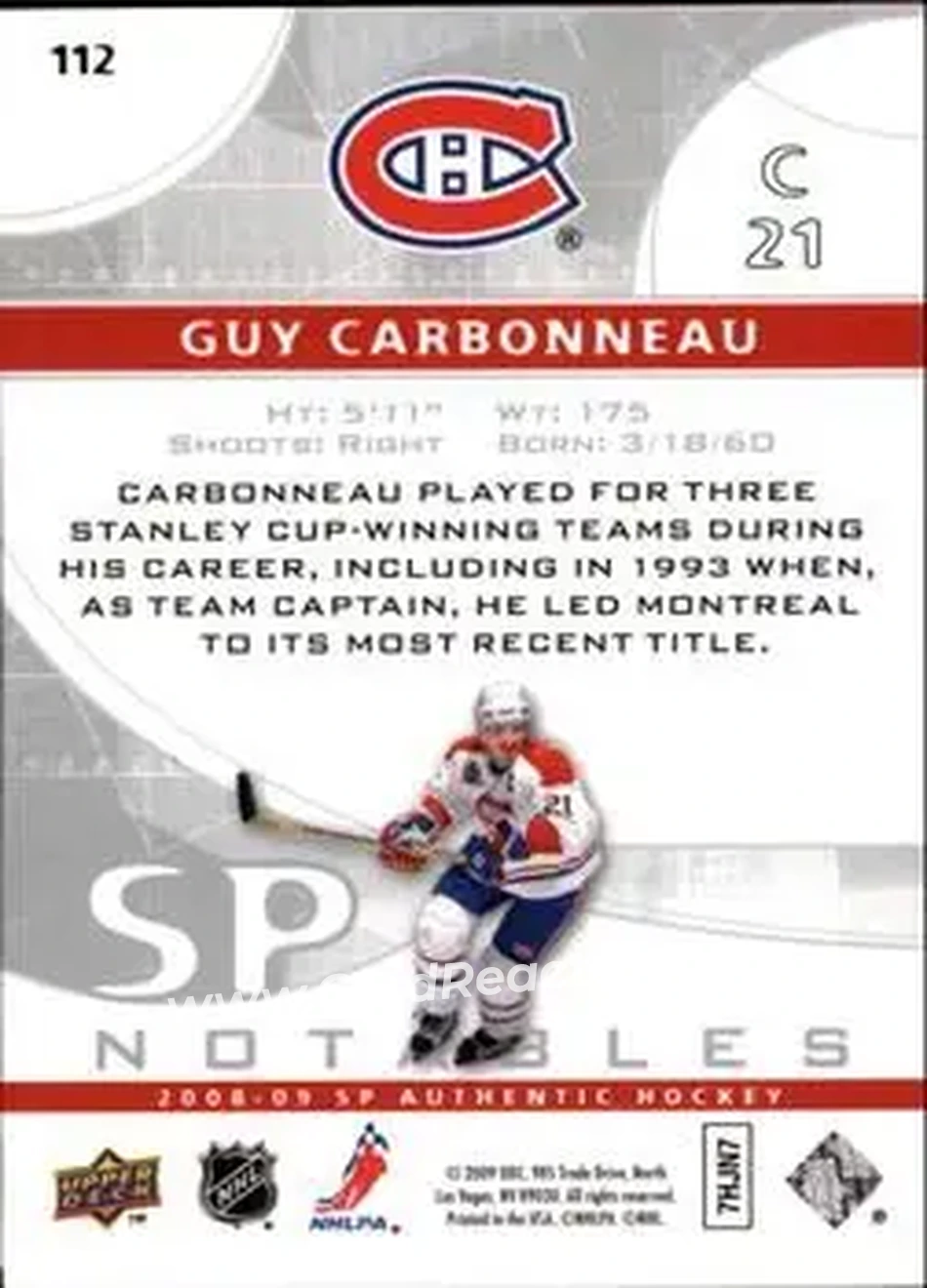 2008-09 SP Authentic #112 - Guy Carbonneau - Montreal Canadiens - Back