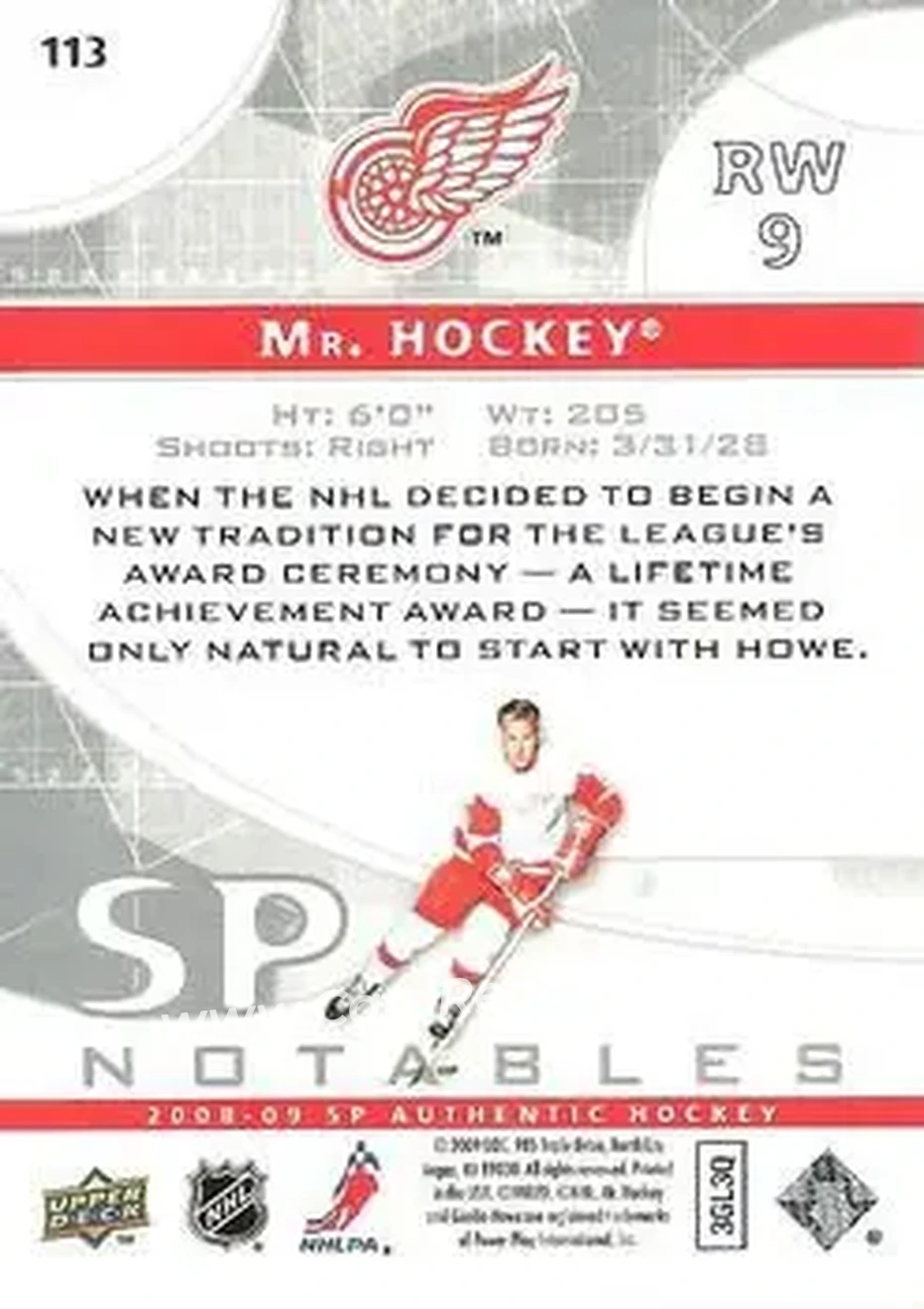 2008-09 SP Authentic #113 - Gordie Howe - Detroit Red Wings - Back