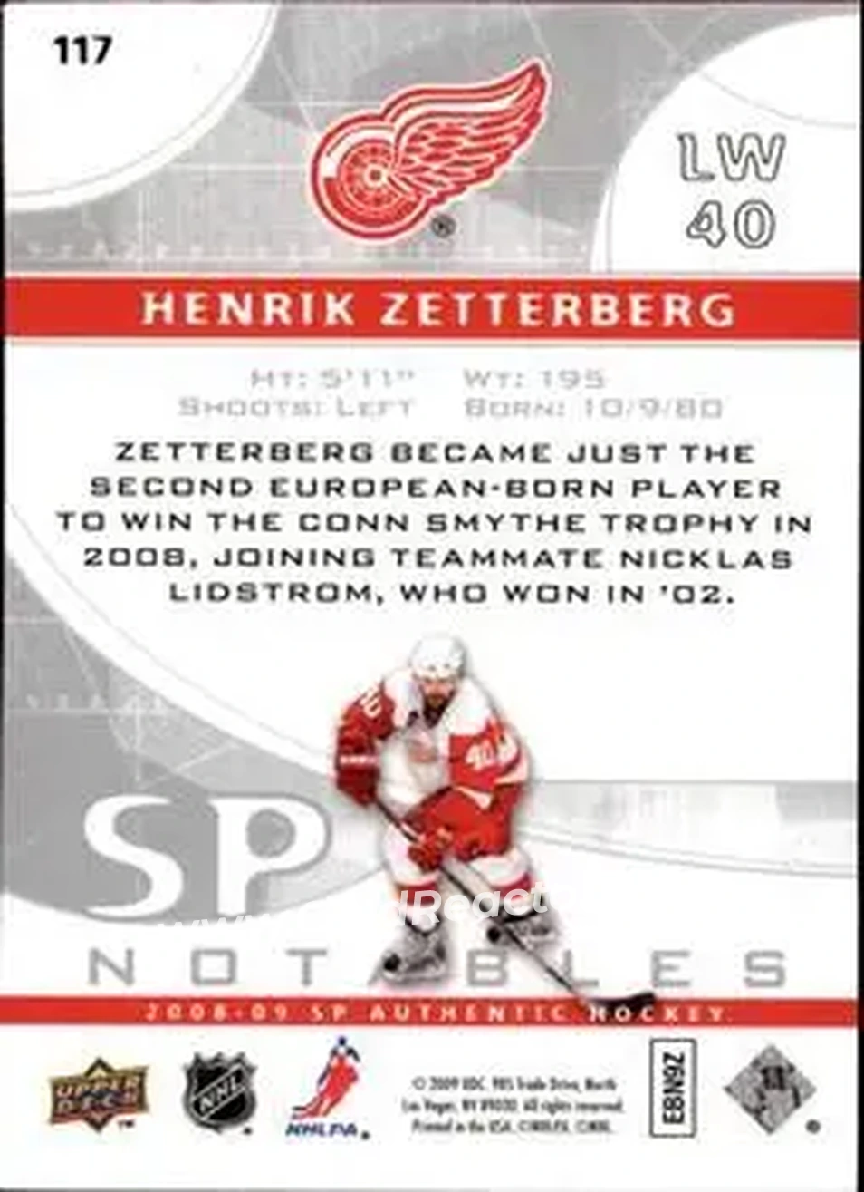 2008-09 SP Authentic #117 - Henrik Zetterberg - Detroit Red Wings - Back