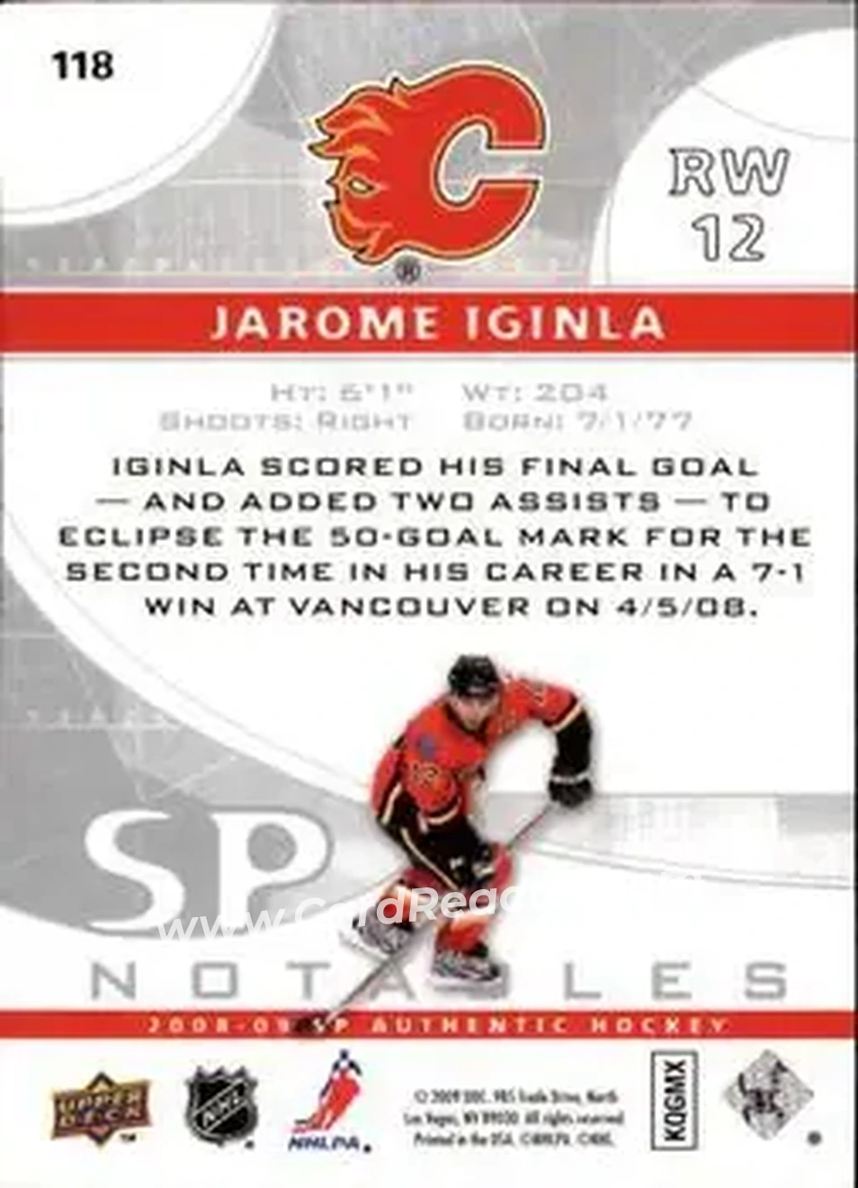 2008-09 SP Authentic #118 - Jarome Iginla - Calgary Flames - Back