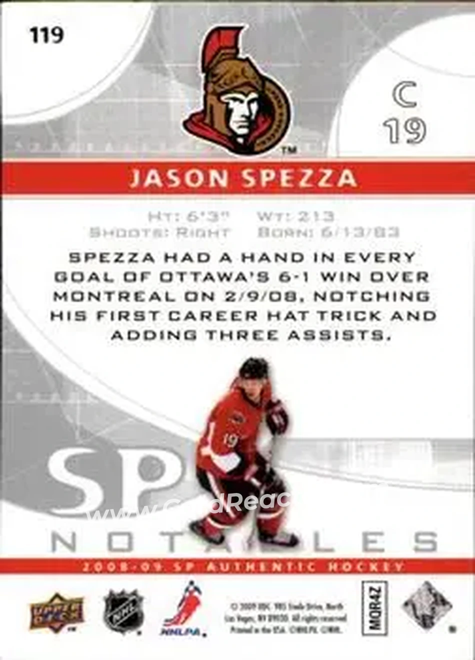 2008-09 SP Authentic #119 - Jason Spezza - Ottawa Senators - Back
