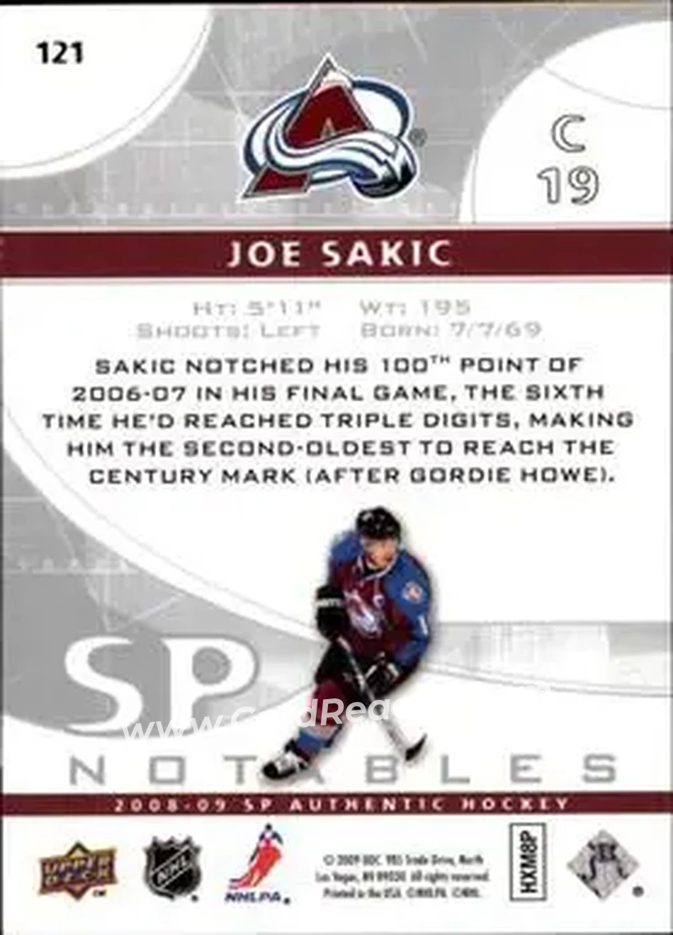 2008-09 SP Authentic #121 - Joe Sakic - Colorado Avalanche - Back