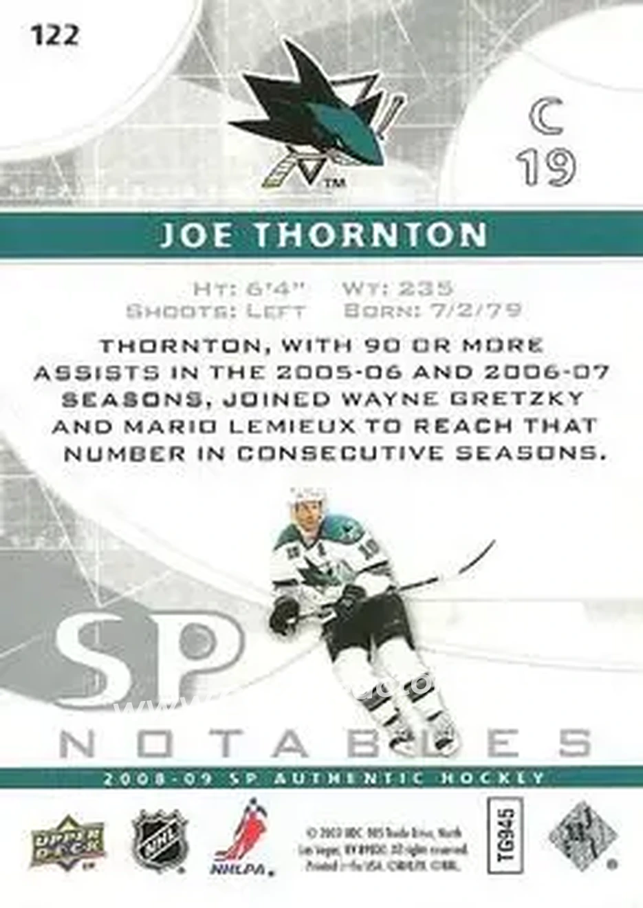 2008-09 SP Authentic #122 - Joe Thornton - San Jose Sharks - Back