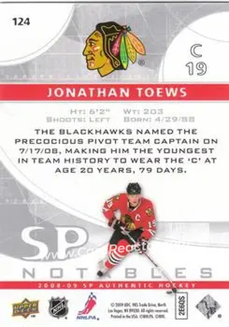 2008-09 SP Authentic #124 - Jonathan Toews - Chicago Blackhawks - Back