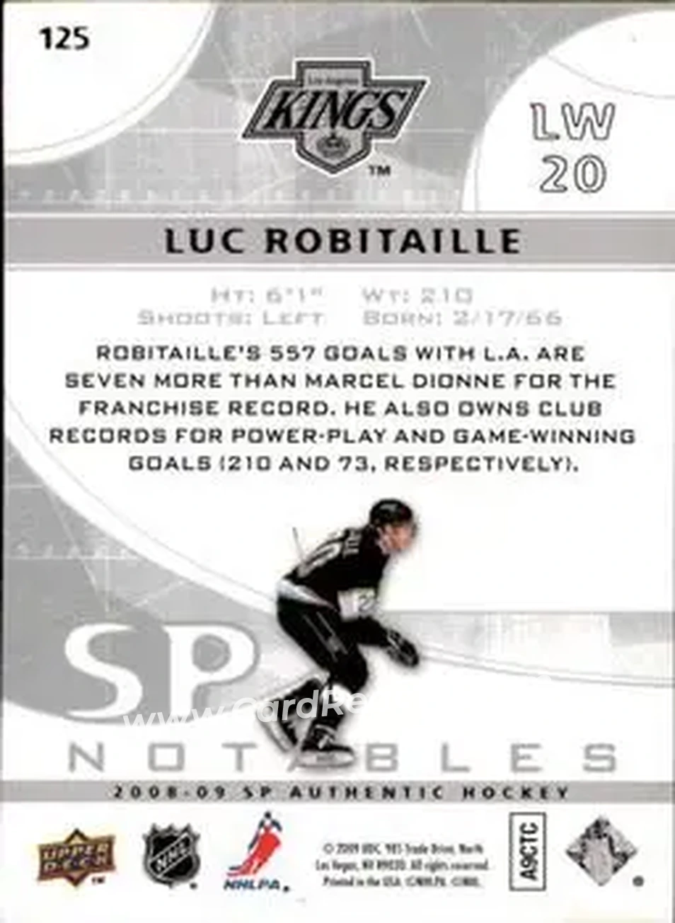 2008-09 SP Authentic #125 - Luc Robitaille - Los Angeles Kings - Back
