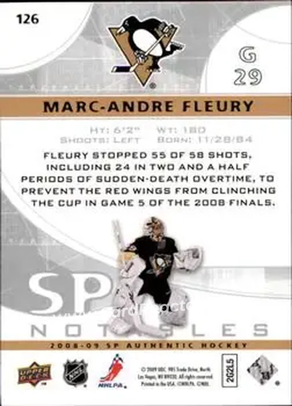 2008-09 SP Authentic #126 - Marc-Andre Fleury - Pittsburgh Penguins - Back 2008-09 SP Authentic #126 - Marc-Andre Fleury - Pittsburgh Penguins - Back