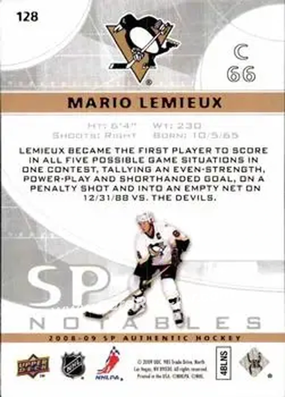 2008-09 SP Authentic #128 - Mario Lemieux - Pittsburgh Penguins - Back 2008-09 SP Authentic #128 - Mario Lemieux - Pittsburgh Penguins - Back