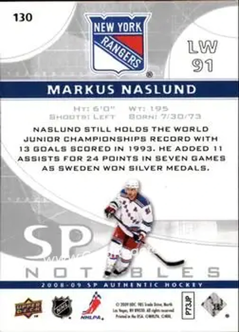 2008-09 SP Authentic #130 - Markus Naslund - New York Rangers - Back