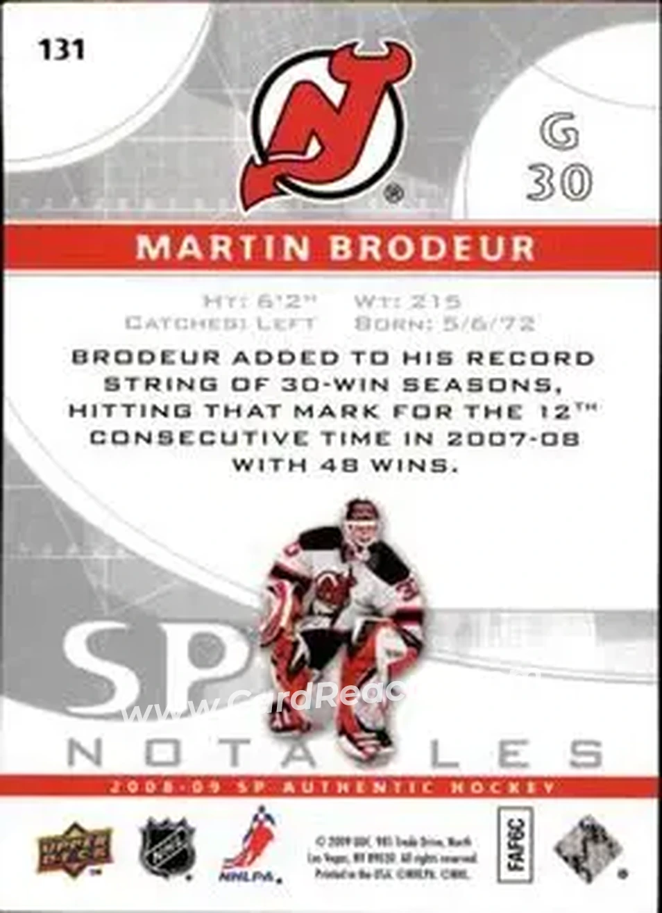 2008-09 SP Authentic #131 - Martin Brodeur - New Jersey Devils - Back