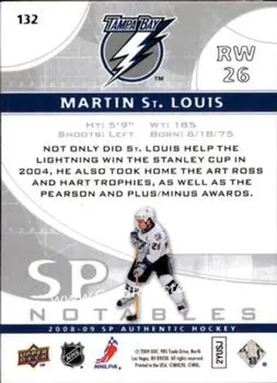 2008-09 SP Authentic #132 - Martin St. Louis - Tampa Bay Lightning - Back 2008-09 SP Authentic #132 - Martin St. Louis - Tampa Bay Lightning - Back