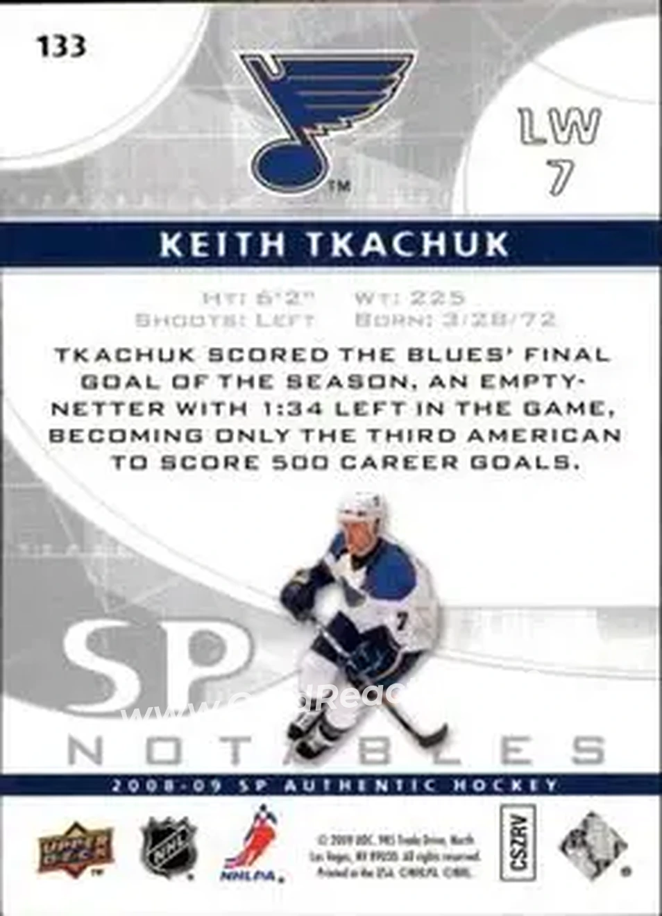 2008-09 SP Authentic #133 - Keith Tkachuk - St. Louis Blues - Back 2008-09 SP Authentic #133 - Keith Tkachuk - St. Louis Blues - Back