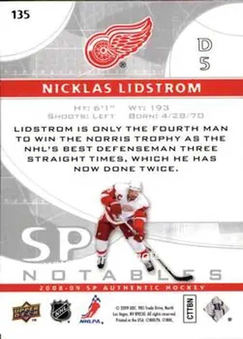 2008-09 SP Authentic #135 - Nicklas Lidstrom - Detroit Red Wings - Back