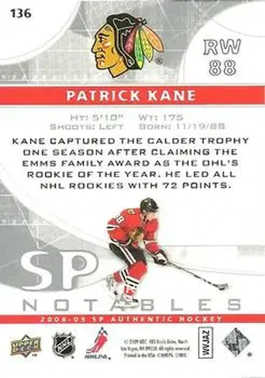2008-09 SP Authentic #136 - Patrick Kane - Chicago Blackhawks - Back