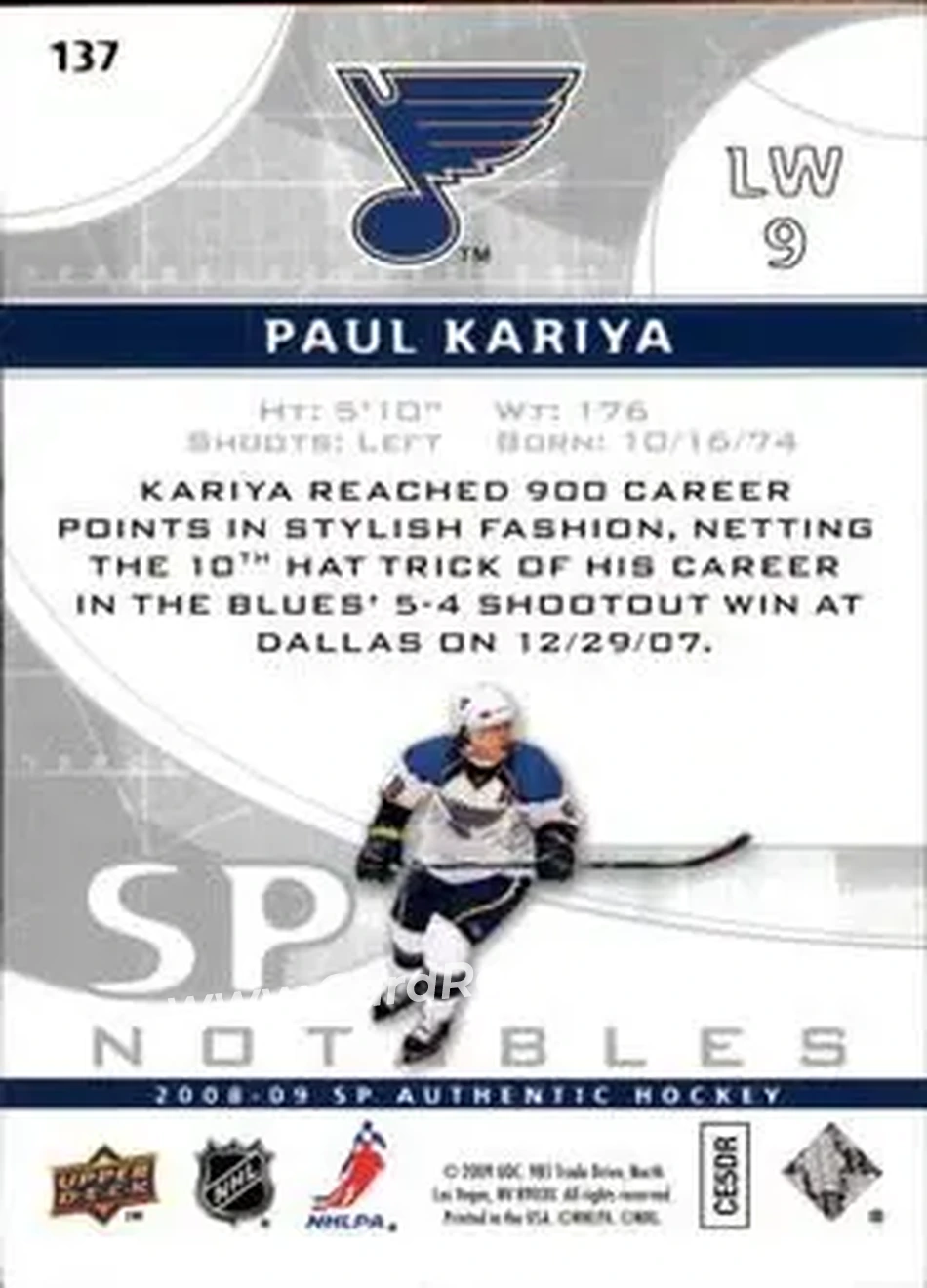 2008-09 SP Authentic #137 - Paul Kariya - St. Louis Blues - Back