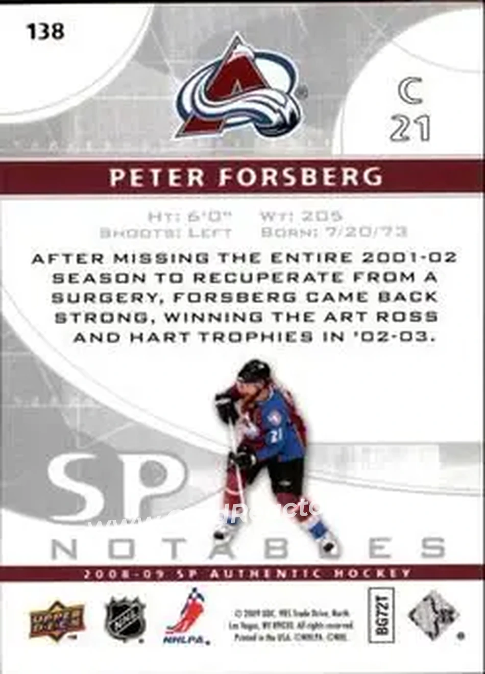 2008-09 SP Authentic #138 - Peter Forsberg - Colorado Avalanche - Back 2008-09 SP Authentic #138 - Peter Forsberg - Colorado Avalanche - Back