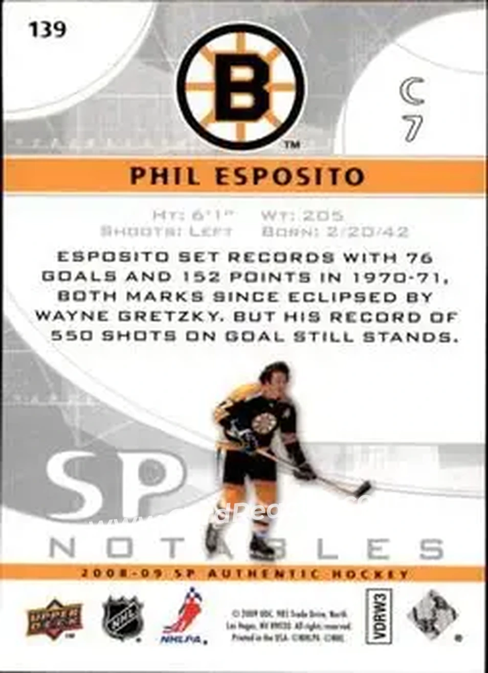 2008-09 SP Authentic #139 - Phil Esposito - Boston Bruins - Back