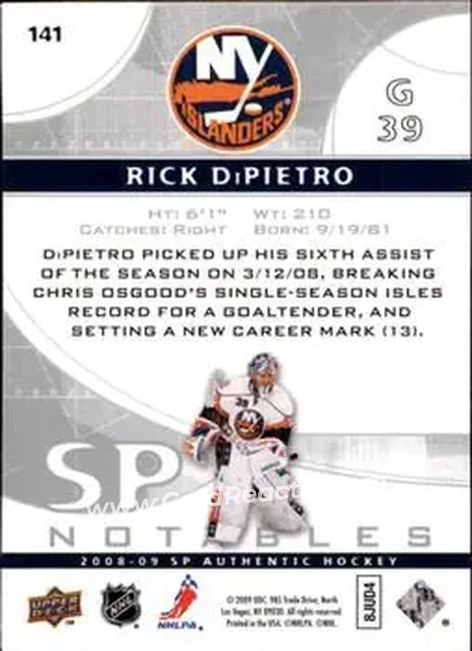 2008-09 SP Authentic #141 - Rick DiPietro - New York Islanders - Back
