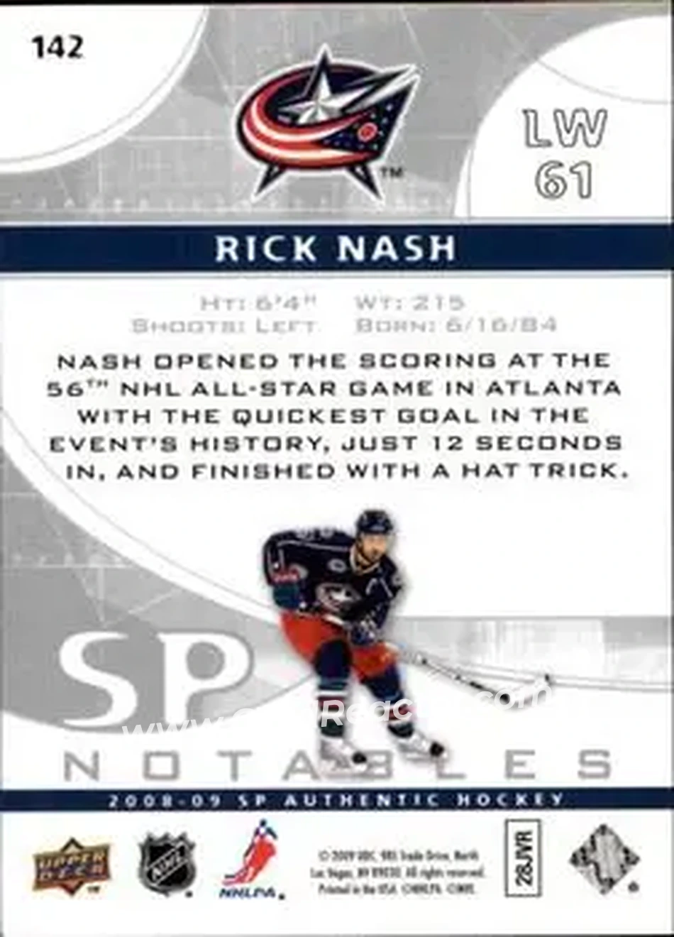 2008-09 SP Authentic #142 - Rick Nash - Columbus Blue Jackets - Back