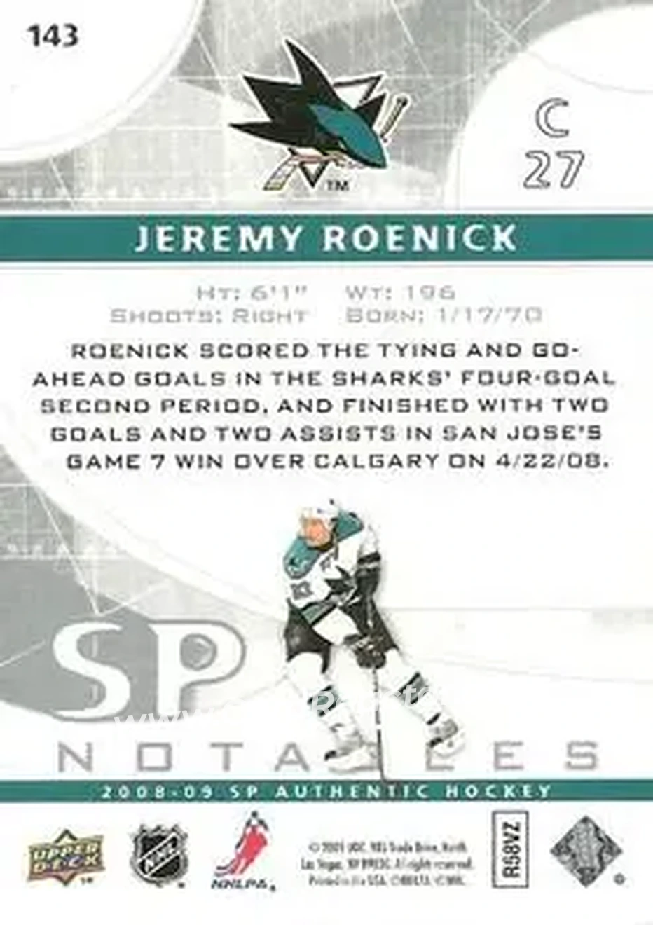 2008-09 SP Authentic #143 - Jeremy Roenick - San Jose Sharks - Back