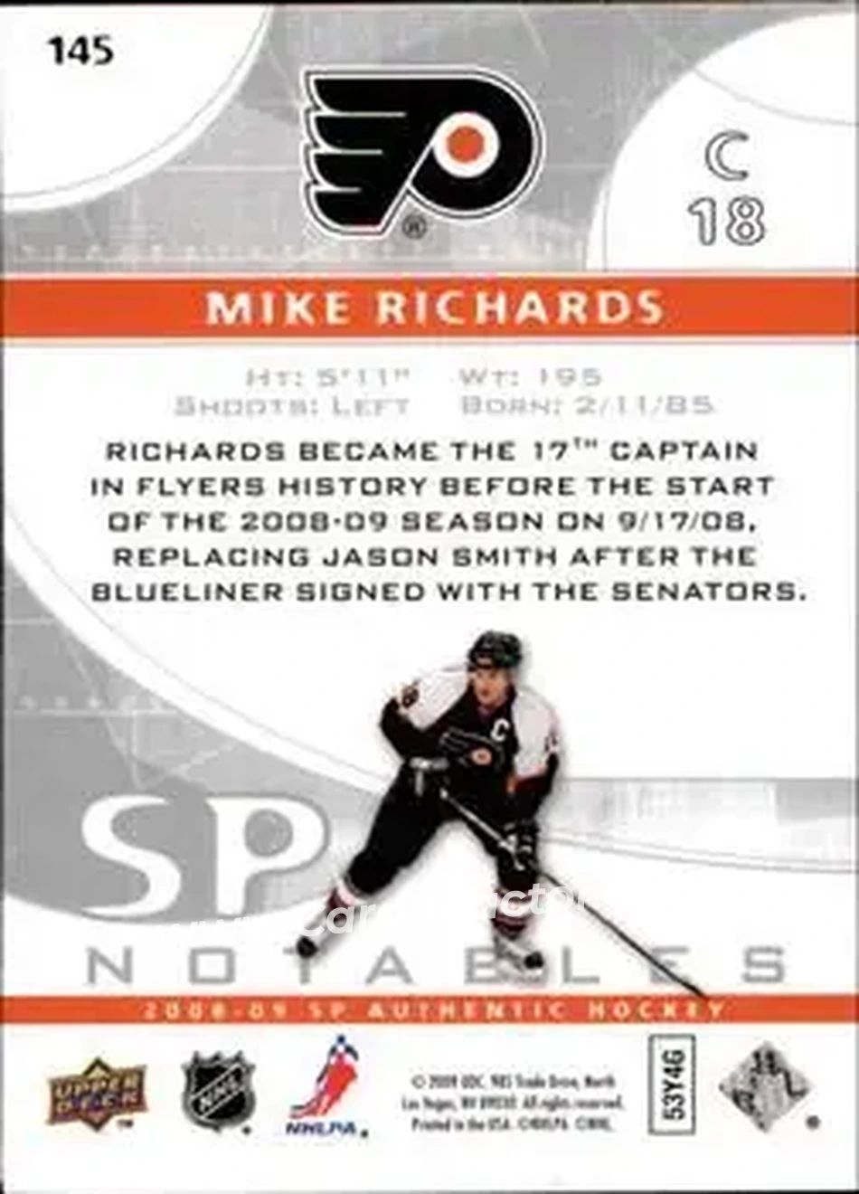 2008-09 SP Authentic #145 - Mike Richards - Philadelphia Flyers - Back