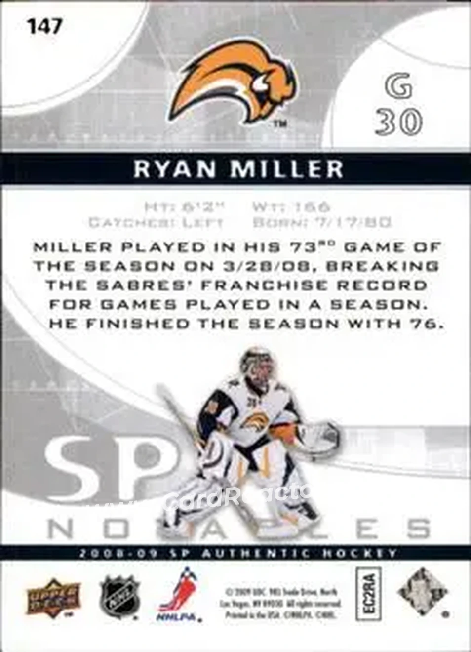 2008-09 SP Authentic #147 - Ryan Miller - Buffalo Sabres - Back