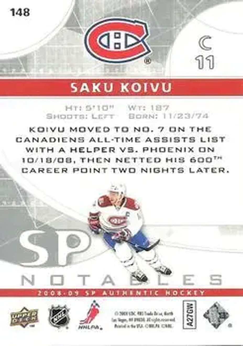 2008-09 SP Authentic #148 - Saku Koivu - Montreal Canadiens - Back