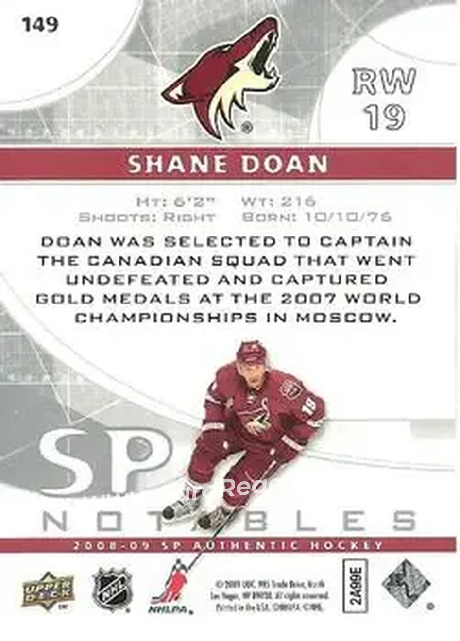 2008-09 SP Authentic #149 - Shane Doan - Phoenix Coyotes - Back 2008-09 SP Authentic #149 - Shane Doan - Phoenix Coyotes - Back