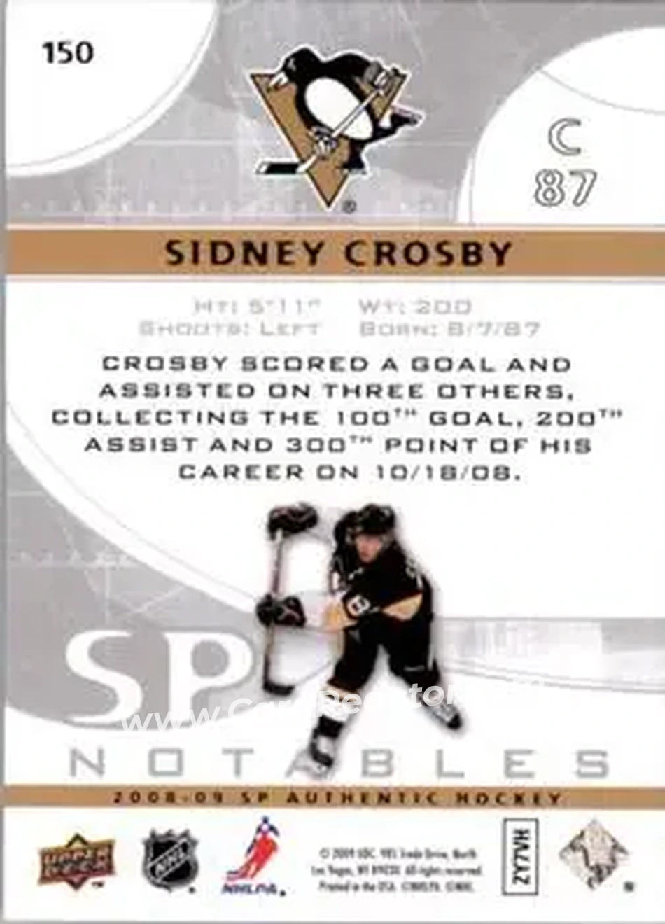 2008-09 SP Authentic #150 - Sidney Crosby - Pittsburgh Penguins - Back 2008-09 SP Authentic #150 - Sidney Crosby - Pittsburgh Penguins - Back