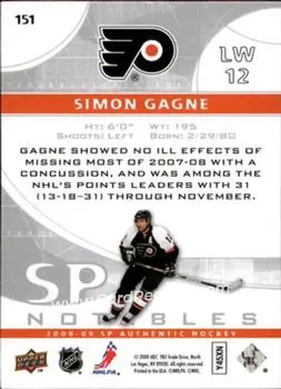 2008-09 SP Authentic #151 - Simon Gagne - Philadelphia Flyers - Back 2008-09 SP Authentic #151 - Simon Gagne - Philadelphia Flyers - Back
