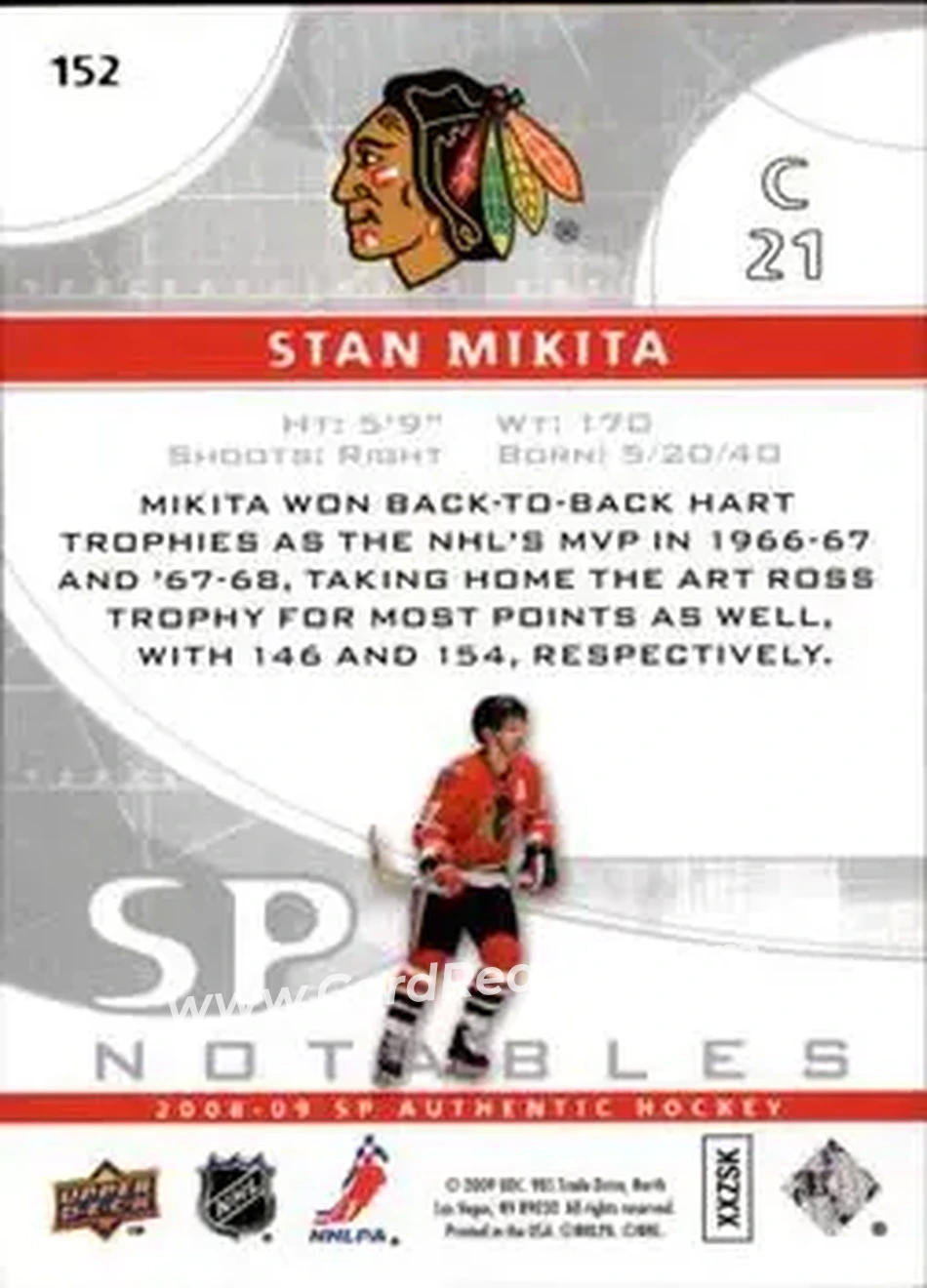 2008-09 SP Authentic #152 - Stan Mikita - Chicago Blackhawks - Back