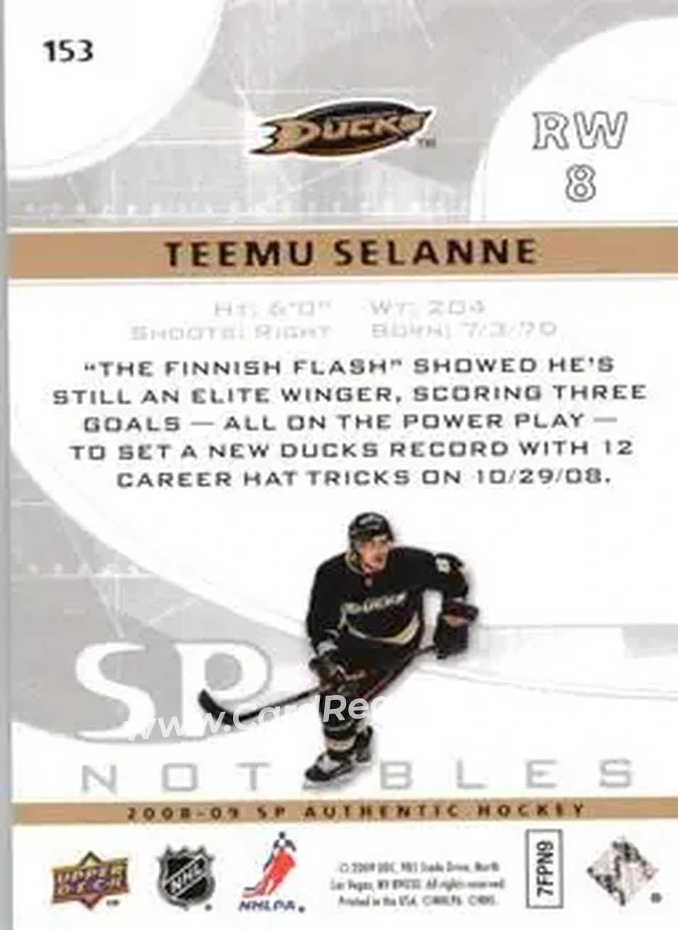 2008-09 SP Authentic #153 - Teemu Selanne - Anaheim Ducks - Back