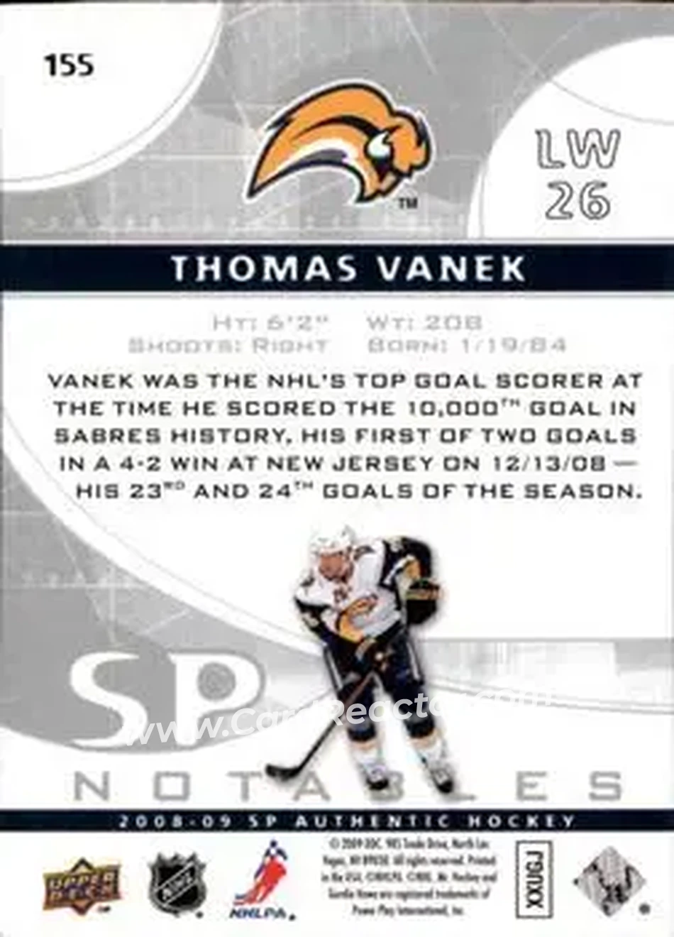 2008-09 SP Authentic #155 - Thomas Vanek - Buffalo Sabres - Back