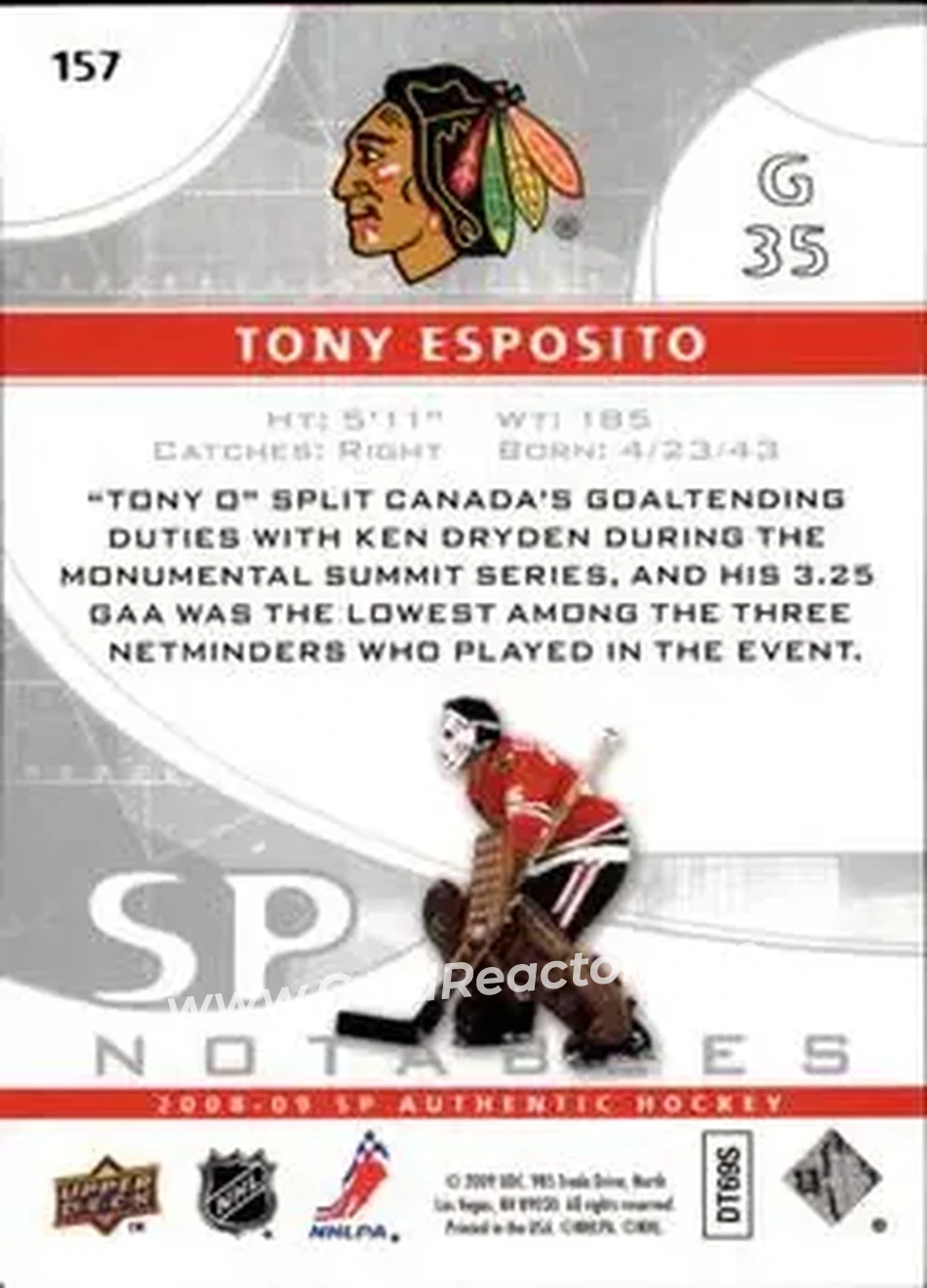 2008-09 SP Authentic #157 - Tony Esposito - Chicago Blackhawks - Back