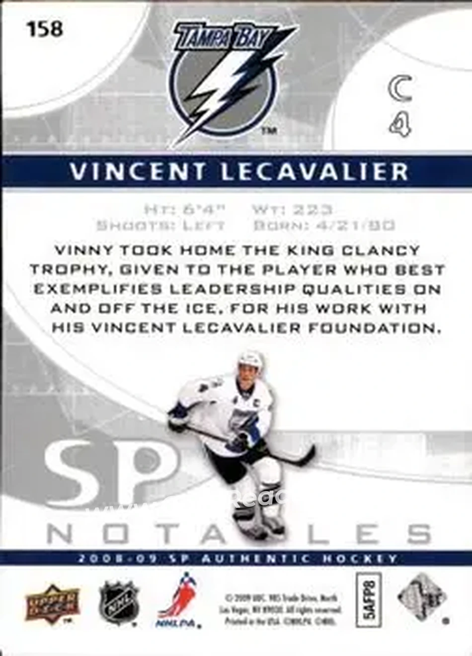 2008-09 SP Authentic #158 - Vincent Lecavalier - Tampa Bay Lightning - Back