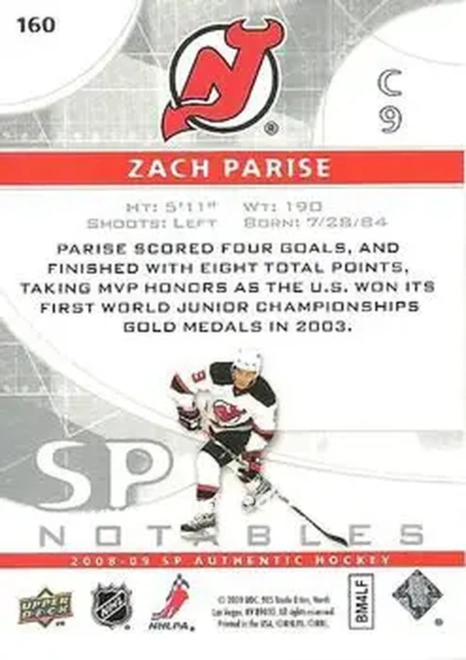 2008-09 SP Authentic #160 - Zach Parise - New Jersey Devils - Back 2008-09 SP Authentic #160 - Zach Parise - New Jersey Devils - Back