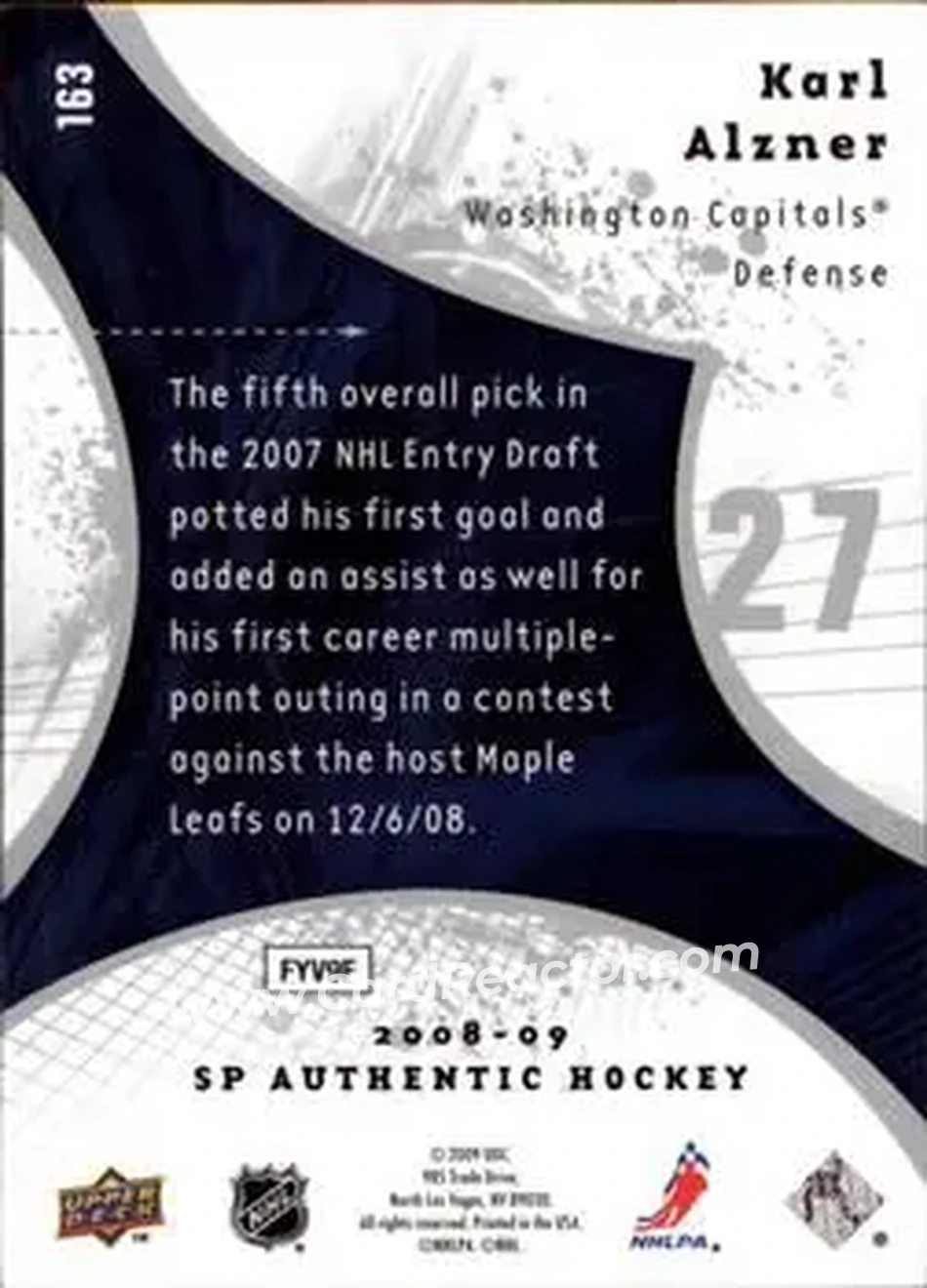 2008-09 SP Authentic #163 - Karl Alzner - Washington Capitals - Back