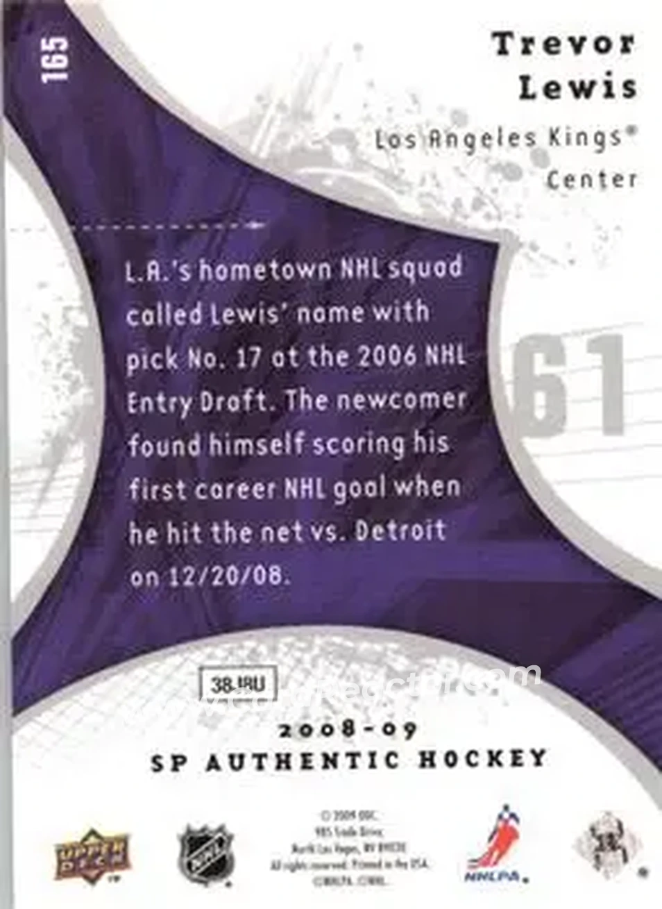 2008-09 SP Authentic #165 - Trevor Lewis - Los Angeles Kings - Back 2008-09 SP Authentic #165 - Trevor Lewis - Los Angeles Kings - Back