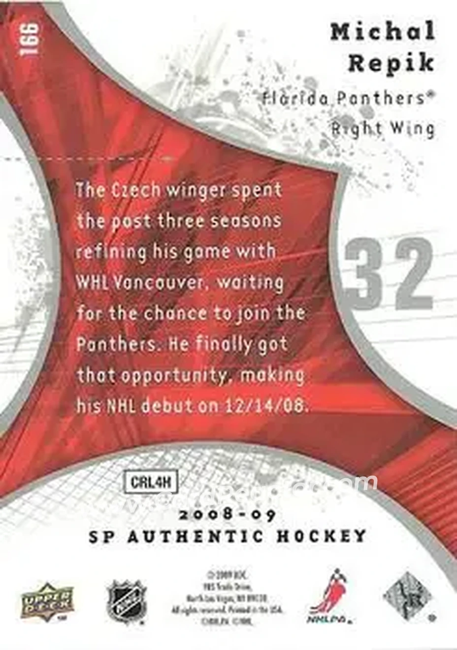 2008-09 SP Authentic #166 - Michal Repik - Florida Panthers - Back